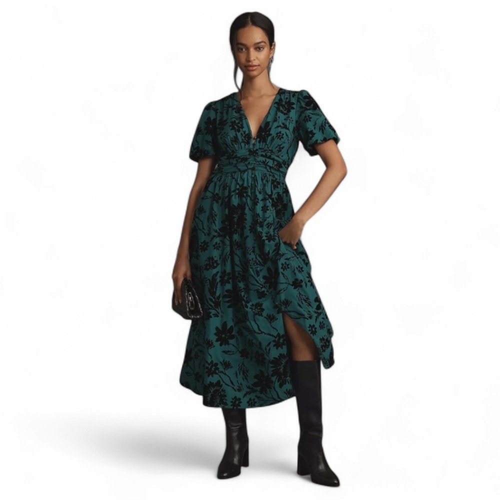 SOLD Anthropologie The Katerina Button-Front Dress Elegant Green Floral Dress